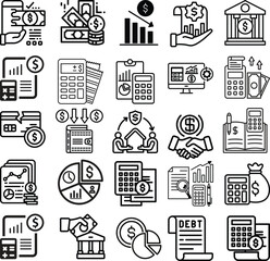 A collection of financial and business icons showcasing concepts like investments, transactions, and teamwork in a modern style