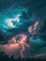 Fototapeta premium Stormy sky with a bright lightning bolt. The sky is dark and the clouds are thick