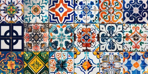 Mosaic of tiles with a variety of colors and patterns. The tiles are arranged in a grid, with some overlapping and others standing alone. The overall effect is a vibrant