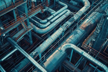 Fototapeta premium Close up of a large industrial pipe system. The pipes are blue and orange. Concept of complexity and industrialization