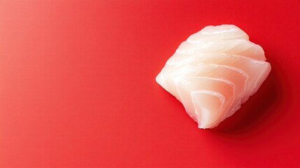 A dynamic overhead view of a raw fish fillet against a solid red backdrop, showcasing the freshness with glistening moisture. The simplicity of the composition draws attention to the quality of the