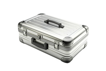 Trendy silver aluminum suitcase ideal for business trips isolated on transparent background