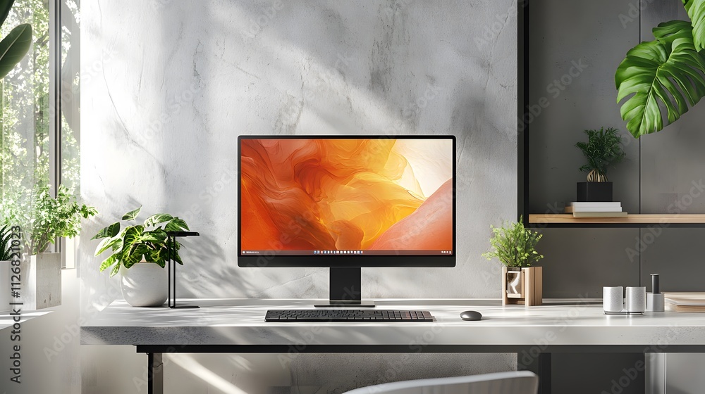 Poster modern minimalist workspace with desktop computer and plants