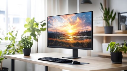 Fototapeta premium Modern Desktop Setup Featuring Scenic Sunset Display