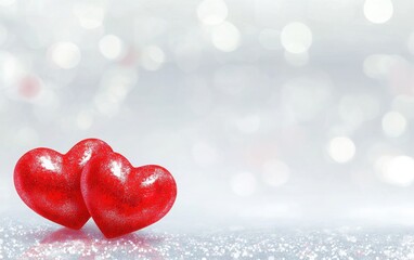Fototapeta premium Two vibrant red hearts resting on a shimmering silver background adorned with soft white bokeh lights, creating a dreamy and romantic setting perfect for a Valentine's Day card. 