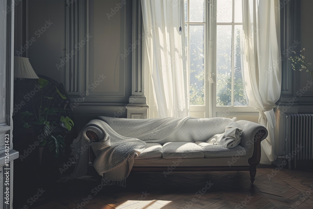 Poster white couch is covered with a blanket and is sitting in front of a window. the room is bright and ai