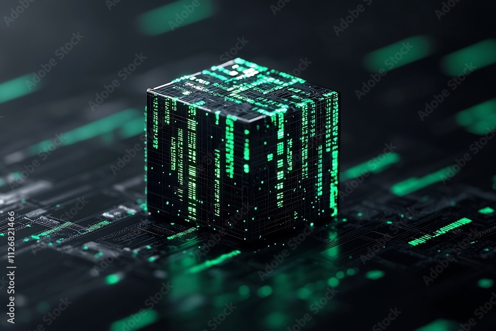 Poster abstract cube shaped data visualization with green highlights showcasing stable upward trends in fin