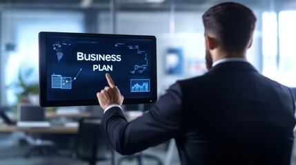 Successful Businessman Pointing to Business Plan on Monitor in Office Setting