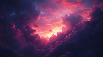 Naklejka premium A vibrant sunset illuminating soft, fluffy clouds in a dramatic sky.