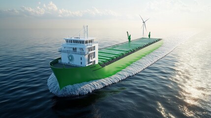 A green cargo ship sails on the ocean, with an offshore wind turbine in the background.