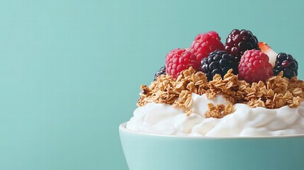 A vibrant close-up of a creamy bowl of yogurt, beautifully adorned with crunchy granola and fresh, colorful berries, arranged artfully on top for a visually appealing presentation. The background is