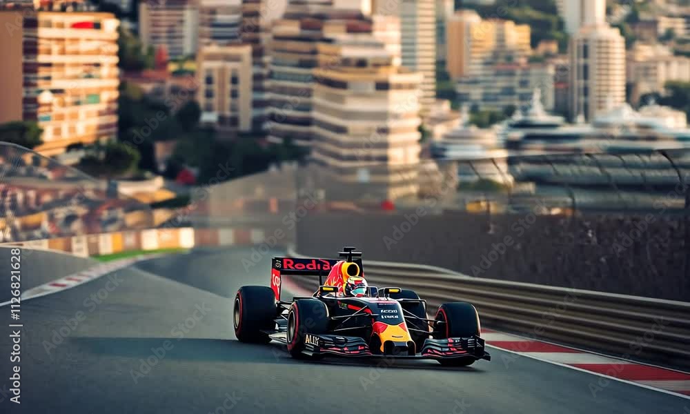Poster formula 1 race car speeding around a sharp turn on a track overlooking a city.