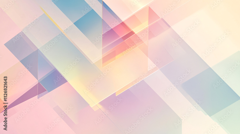 Poster abstract geometric shapes in pastel colors, overlapping with transparency effects and soft shadows f