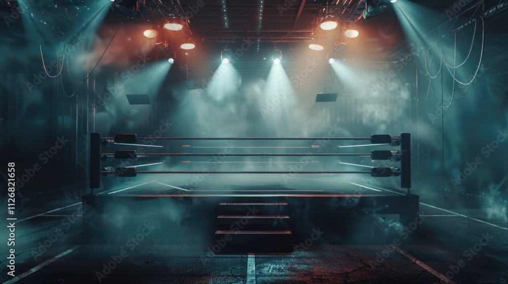 Poster boxing ring with a foggy atmosphere. the ring is empty and the lights are on. scene is mysterious an