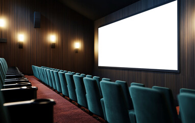 Modern cinema hall with green seats and large blank screen, creating inviting atmosphere for moviegoers