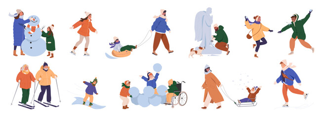  Happy people at winter outdoor activities set. Characters skate, ski, sledding, playing snowballs, and build snowman together. Winter activities and leisure. Cartoon flat vector isolated on white.