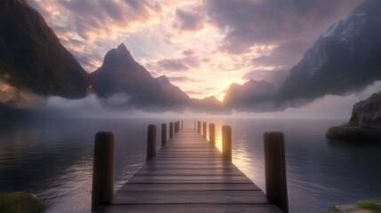 Obraz premium Serene Sunset Over Misty Mountains and Tranquil Waters at Scenic Wooden Pier Leading to Endless Horizon in a Picturesque Landscape