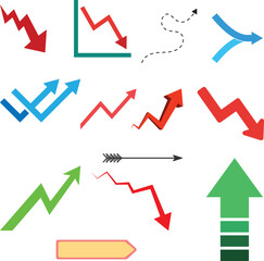 A dynamic collection of arrows and charts in vibrant colors, ideal for infographics and data presentation
