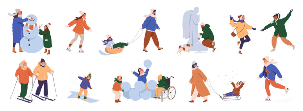  Happy people at winter outdoor activities set. Characters skate, ski, sledding, playing snowballs, and build snowman together. Winter activities and leisure. Cartoon flat vector isolated on white.