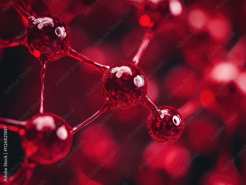 Poster close up of red spheres that are connected to each other. the spheres are all different sizes and ar