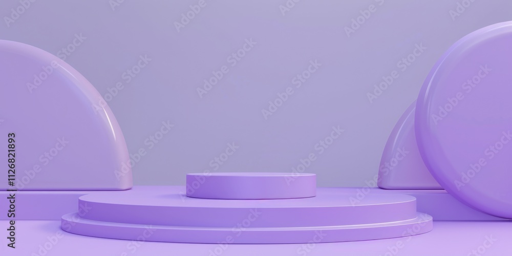 Poster purple stage with three round shapes on it. the stage is set up for a performance