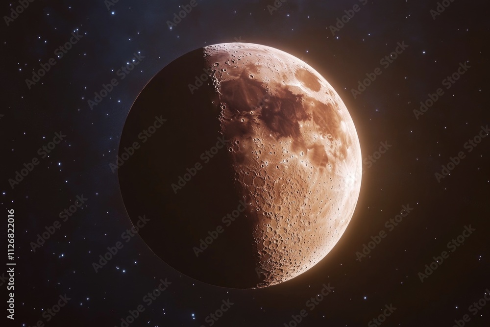 Poster close up of the moon with a dark background. the moon is in the middle of the image and is surrounde