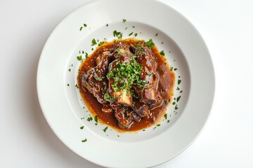  Braised lamb shanks in rich sauce on white plate.