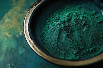 Small black bowl filled with green powder is placed on a table. The powder appears to be a type of herb or spice, and it is spread out evenly across the surface of the bowl