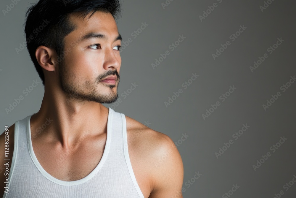 Poster man with a beard and mustache is wearing a white tank top. he is looking at the camera with a seriou