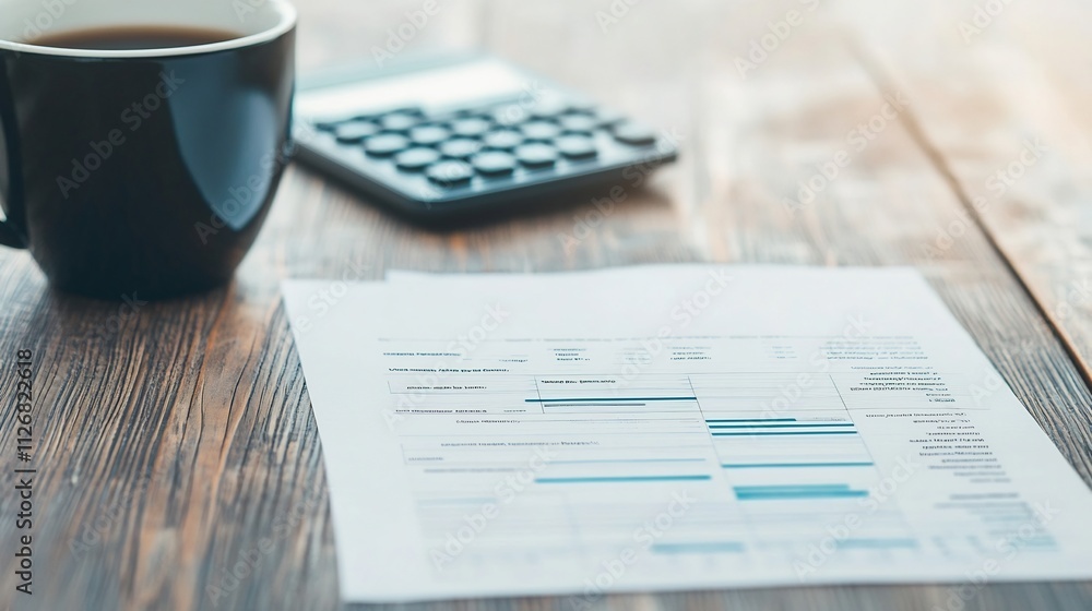 Poster tax return documents with highlighted deadlines and financial calculators on desk with coffee