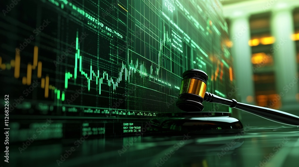 Poster abstract visual blending elements of a gavel courthouse and a green market graph to create an and co