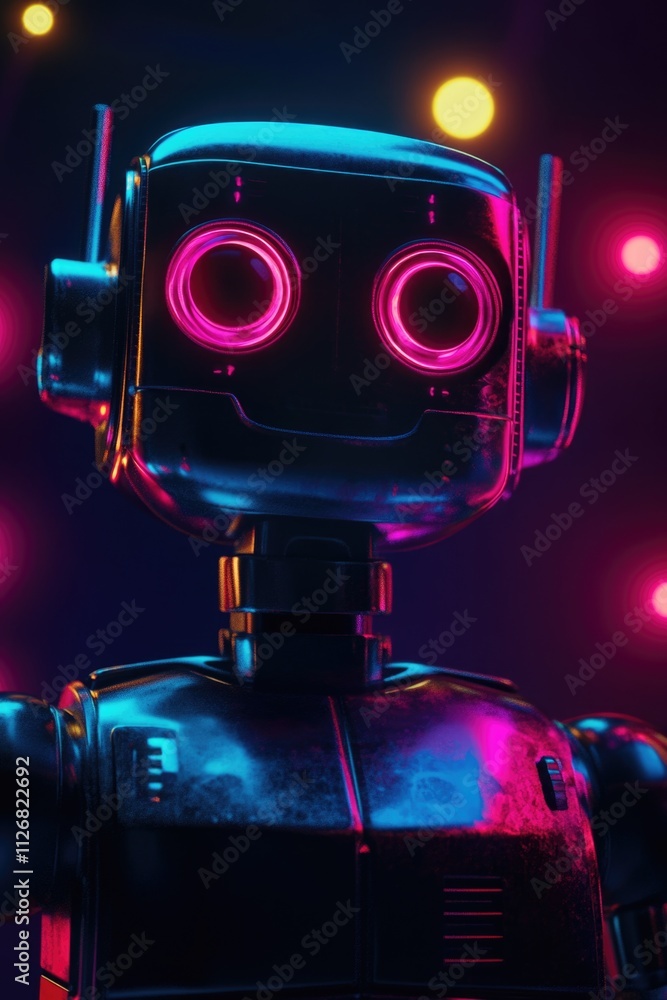 Poster robot with red eyes and a black body is standing in a dark room with lights. the robot has a metalli