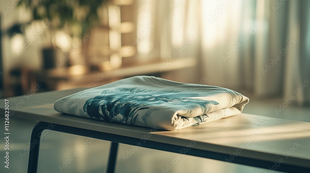Poster folded graphic t-shirt placed on minimalist bench under soft diffused light with blurred indoor elem