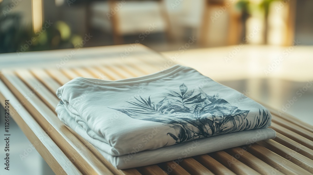 Poster folded graphic t-shirt placed on minimalist bench under soft diffused light with blurred indoor elem