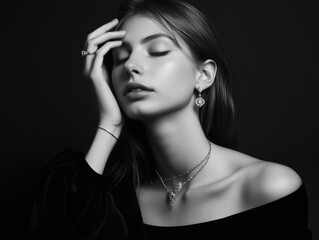 Obraz premium Woman wearing a necklace and earrings is posing for a photo. The photo is black and white, and the woman's face is the main focus. Scene is elegant and sophisticated