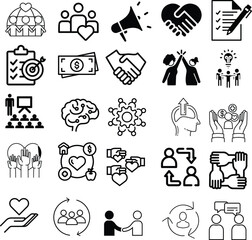 A set of business-related icons in black and white, covering various concepts like teamwork, communication, and productivity