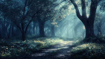 Obraz premium Mystical forest path with sunbeams.