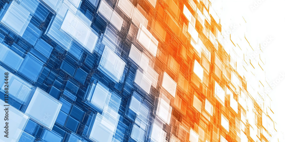 Poster an abstract design of blue and orange pixels forming a dynamic background, isolated on a white or tr
