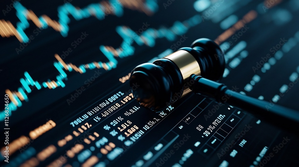 Poster digital gavel displayed on a virtual screen with market data financial graphs and analytical charts 