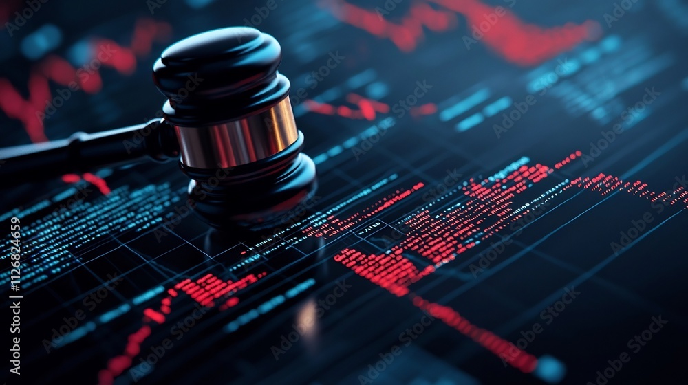 Poster digital gavel displayed on a virtual screen with data charts and graphs floating around it represent