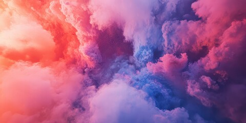 Fototapeta premium Dynamic explosion of colorful powders in pink, blue, and orange hues creating vibrant clouds on a pure white background, glowing textures.