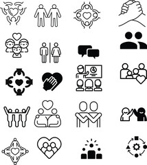 A set of business-related icons in black and white, covering various concepts like teamwork, communication, and productivity
