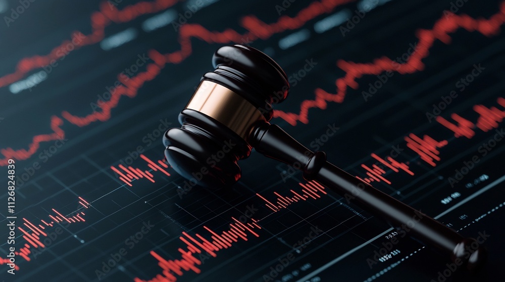 Poster digital gavel on a virtual screen with data and financial information floating around it representin