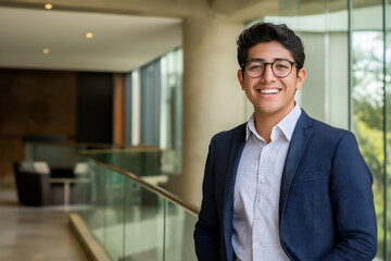 Obraz premium Portrait of a successful young Mexican businessman looking at camera and smiling inside modern office building