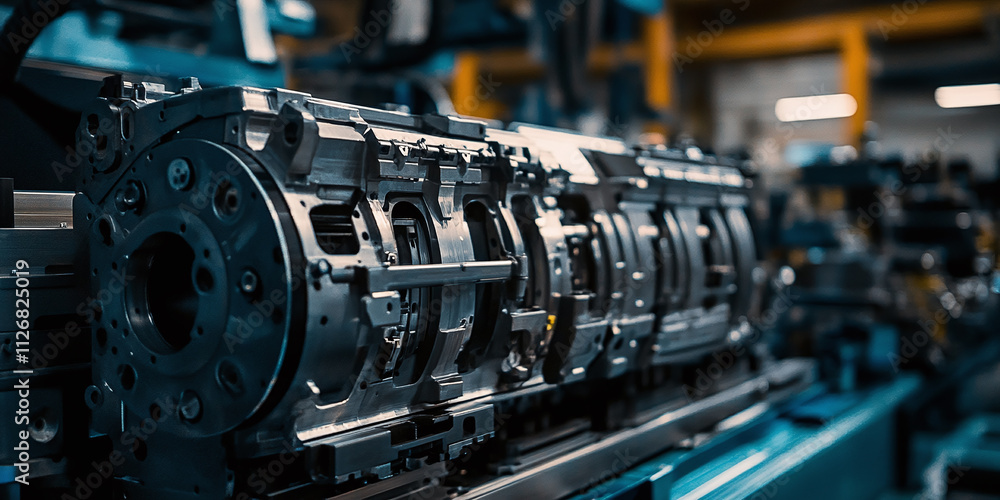 Poster a close-up view of an automated assembly line in a factory, featuring robotic machinery and mechanic