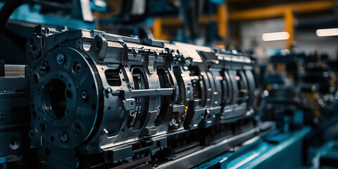 Fototapeta premium A close-up view of an automated assembly line in a factory, featuring robotic machinery and mechanical components in sharp focus, emphasizing industrial manufacturing technology