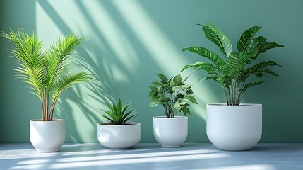 Fototapeta premium Four Green Plants in White Pots Against a Green Wall
