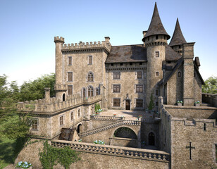 Medieval chateau summer scene 3d render. No AI used