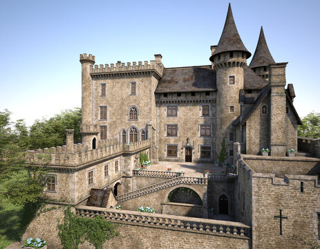 Medieval chateau summer scene 3d render. No AI used
