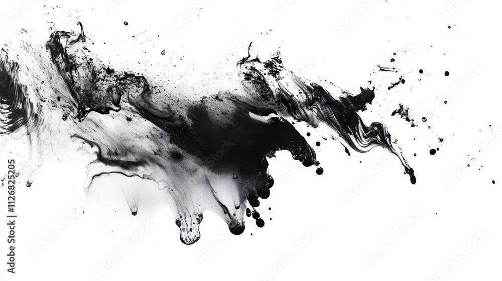 Poster abstract ink blot, spreading out in random patterns, creating an artistic, fluid composition in blac